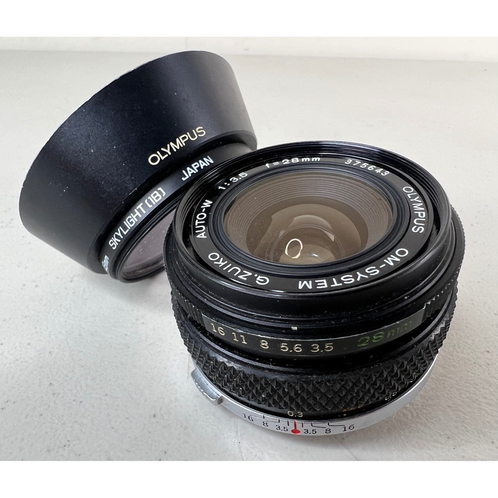 Olympus OM-System G Zuiko Auto-W 28mm f3.5 Lens with Hood Case Hoya Filter